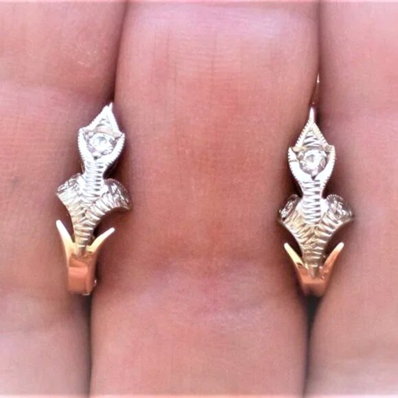 Vintage Original Soviet USSR Solid 14K 583 Rose Pink White Gold Diamond Earrings - Picture 1 of 7